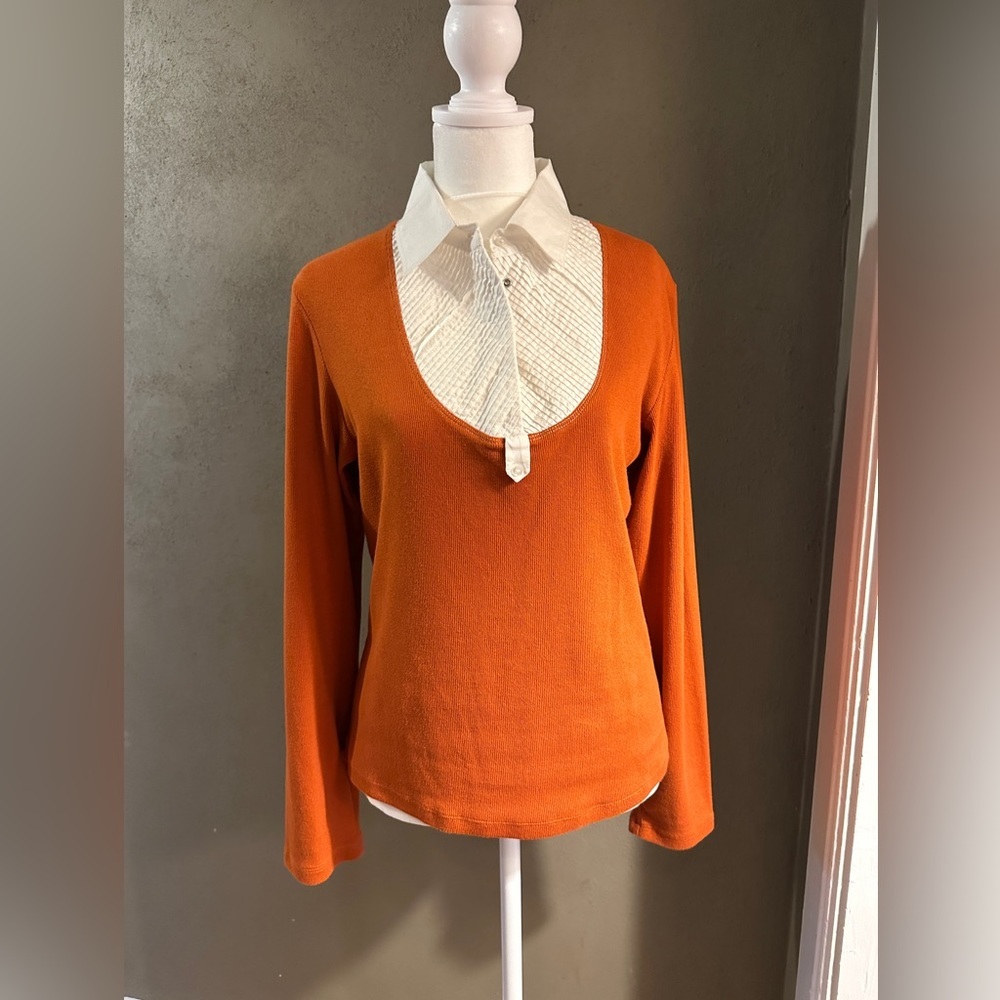 Women’s knit top, size large, white pleated front and color, knit sleeves